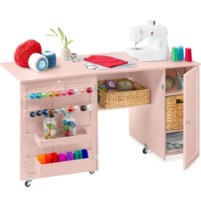 Best Choice Products Large Portable Multipurpose Folding Sewing Table W/ Magnetic Doors, Craft Storage In Pink