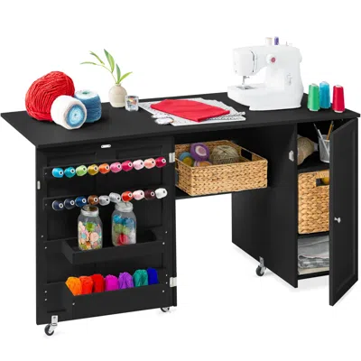 Best Choice Products Large Portable Multipurpose Folding Sewing Table W/ Magnetic Doors, Craft Storage In Black