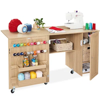 Best Choice Products Large Portable Multipurpose Folding Sewing Table W/ Magnetic Doors, Craft Storage In Brown