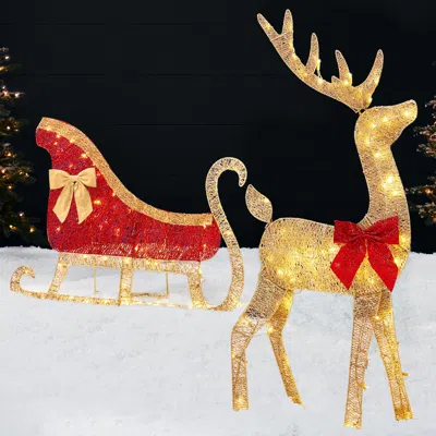 Best Choice Products Lighted 2d Reindeer & Sleigh Set Outdoor Décor W/ Warm White Led Lights In Red