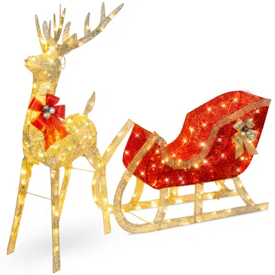 Best Choice Products Lighted Christmas 4ft Reindeer & Sleigh Outdoor Yard Decoration Set W/ 205 Led Lights, Stakes In Gray