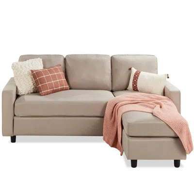 Best Choice Products Linen Sectional Sofa Couch W/ Chaise Lounge, Reversible Ottoman Bench In Pink