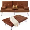Best Choice Products Modern Faux Leather Convertible Futon Sofa W/ Removable Armrests, 2 Cupholders