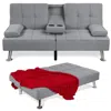 Best Choice Products Modern Linen Convertible Futon Sofa Bed W/ Removable Armrests, Metal Legs, Cupholders