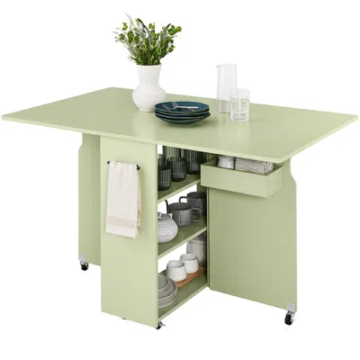 Best Choice Products Multipurpose Folding Table W/ Wheels, 3 Storage Shelves, Cubby, Handle In Green