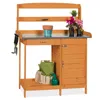 Best Choice Products Outdoor Garden Wooden Potting Bench Station W/ Metal Table Top, Pre-stained Finish, Cabinet - Brown
