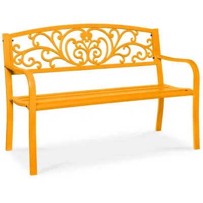Best Choice Products Outdoor Steel Bench Garden Patio Porch Furniture W/ Floral Design Backrest