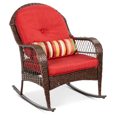 Best Choice Products Outdoor Wicker Rocking Chair For Patio, Porch W/ Steel Frame, Weather-resistant Cushions - Red In Brown