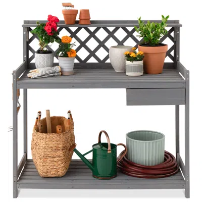 Best Choice Products Outdoor Wooden Garden Potting Bench, Workstation Table W/ Cabinet Drawer, Open Shelf In Pattern