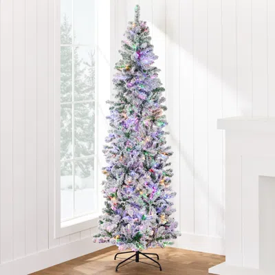 Best Choice Products Pre-lit Artificial Snow Flocked Pencil Christmas Tree Decoration W/ Multicolor Lights