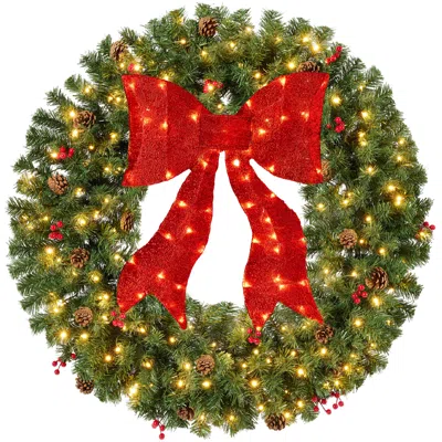 Best Choice Products Pre-lit Christmas Wreath W/berries & Pinecones, Large Artificial Indoor/outdoor Décor, W/red Lighted In Green