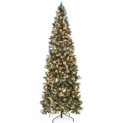 Best Choice Products Pre-lit Partially Flocked Pencil Christmas Tree W/ Pine Cones, Foldable Stand In Gray