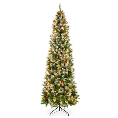 Best Choice Products Pre-lit Pencil Christmas Tree, Pre-decorated, Frosted W/ Flocked Tips, Lights, Base In Green