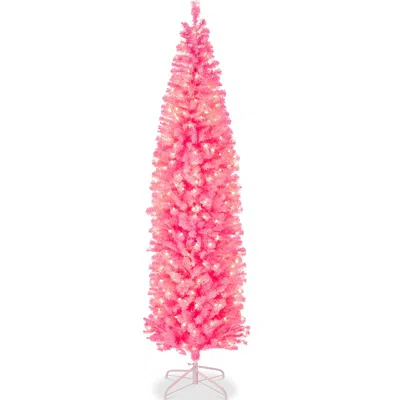 Best Choice Products Pre-lit Pink Artificial Christmas Tree, Holiday Pencil Tree W/ Metal Stand
