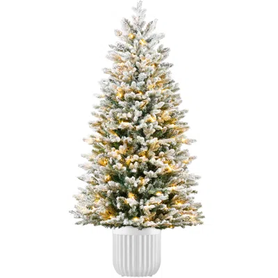 BEST CHOICE PRODUCTS PRE-LIT POTTED FLOCKED CHRISTMAS TREE, REALISTIC ARTIFICIAL DÉCOR, W/ TWINKLING WHITE & MULTI LEDS