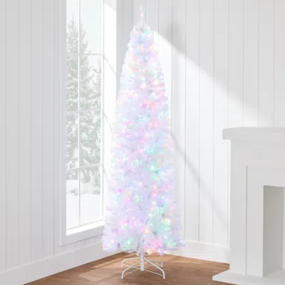 Best Choice Products Pre-lit White Pencil Christmas Tree W/ Foldable Base, 2-in-1 Multicolor Lights In Pattern