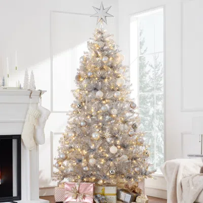 Best Choice Products Prelit Artificial Tinsel Christmas Tree Festive Holiday Decoration W/ Stand - Silver
