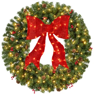 Best Choice Products Pre-lit Christmas Wreath W/berries & Pinecones, Large Artificial Indoor/outdoor Décor, W/red Lighted In Green