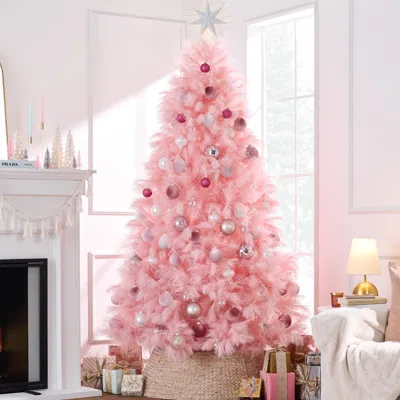 Best Choice Products Premium Artificial Pink Pampas Christmas Tree Holiday Décor W/ Foldable Metal Base