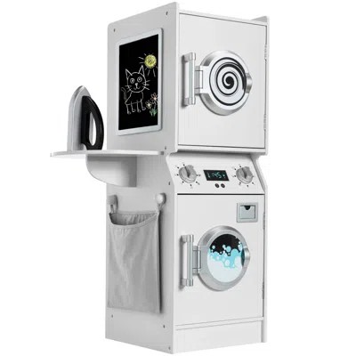 Best Choice Products Pretend Play Kids Wooden Stacked Washer & Dryer Set W/ Toy Laundry Storage And Accessories In Silver