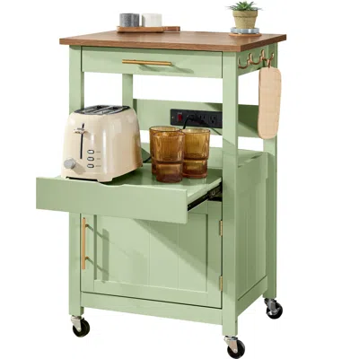 Best Choice Products Rolling Kitchen Island Cart, Cabinet W/ Drawer, Sliding Tray, Outlet, Wheels, Hooks In Green