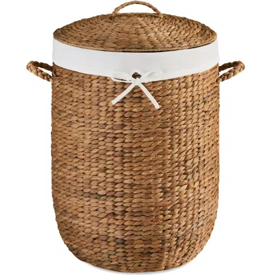 Best Choice Products Round Laundry Hamper W/ Lid, Handwoven Laundry Basket W/ Handles & Removable Liner In Brown