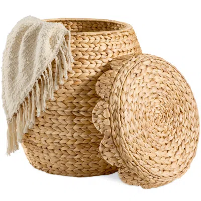 Best Choice Products Scalloped Water Hyacinth Storage Tote Basket With Lid In Brown