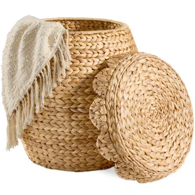 Best Choice Products Scalloped Water Hyacinth Storage Tote Basket With Lid In Brown