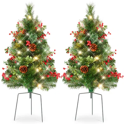 Best Choice Products Set Of 2 24.5in Outdoor Pathway Christmas Trees Decor W/ Led Lights In Green