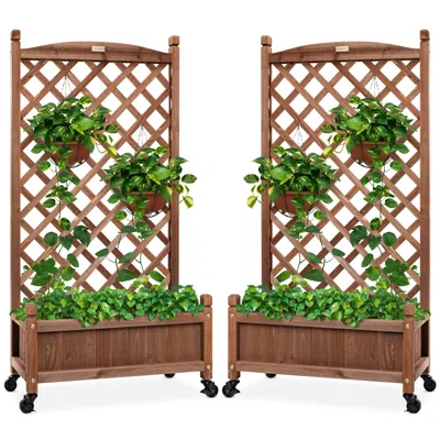 Best Choice Products Set Of 2 48in Wood Planter Box & Diamond Lattice Trellis, W/ Drainage, Optional Wheels - Walnut In Gray