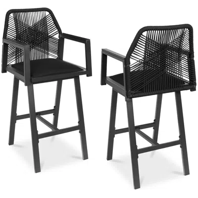 Best Choice Products Set Of 2 Indoor/outdoor Aluminum, Woven Rope Swivel Barstools W/ Armrests - Black/obsidian