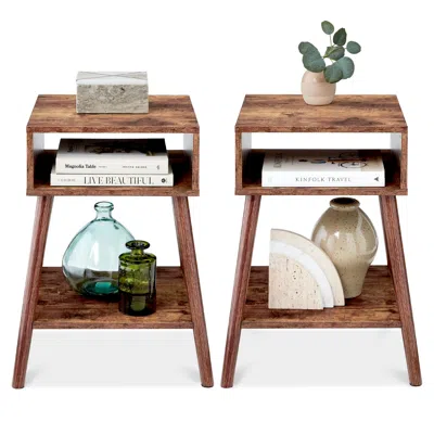 Best Choice Products Set Of 2 Mid-century Modern End Tables W/ Cubby Storage, Lower Shelf, Offset Legs In Orange