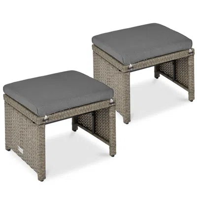 Best Choice Products Set Of 2 Multipurpose Patio Wicker Ottomans W/ Removable Cushions, Steel Frame In Gray