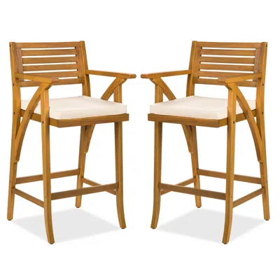 Best Choice Products Set Of 2 Outdoor Acacia Wood Bar Stools Bar Chairs W/ Weather-resistant Cushions - Cream