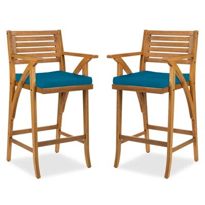 Best Choice Products Set Of 2 Outdoor Acacia Wood Bar Stools Bar Chairs W/ Weather-resistant Cushions - Peacock Blue