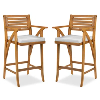 Best Choice Products Set Of 2 Outdoor Acacia Wood Bar Stools Bar Chairs W/ Weather-resistant Cushions In Brown