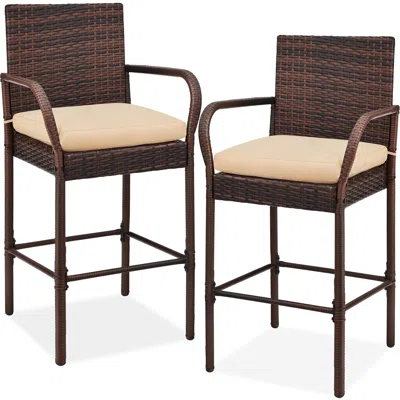 Best Choice Products Set Of 2 Wicker Bar Stools W/ Cushion, Footrests, Armrests For Patio, Pool, Deck In Neutral