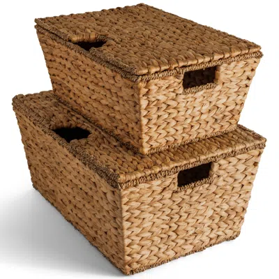 Best Choice Products Set Of 2 X-large & Medium Woven Storage Baskets W/lids, Hyacinth Nesting Organizer Bins In Brown