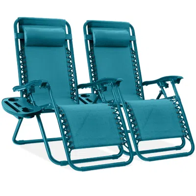 Best Choice Products Set Of 2 Zero Gravity Lounge Chair Recliners For Patio, Pool W/ Cup Holder Tray - Peacock In Blue