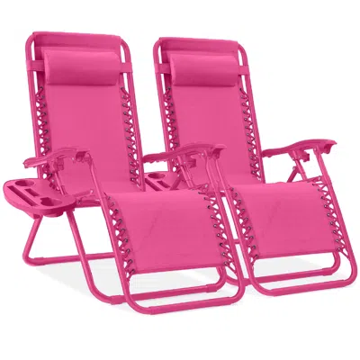 Best Choice Products Set Of 2 Zero Gravity Lounge Chair Recliners For Patio, Pool W/ Cup Holder Tray - Ultimate Pink