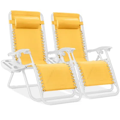Best Choice Products Set Of 2 Zero Gravity Lounge Chair Recliners For Patio, Pool W/ Cup Holder Tray - Marigold/white In Yellow