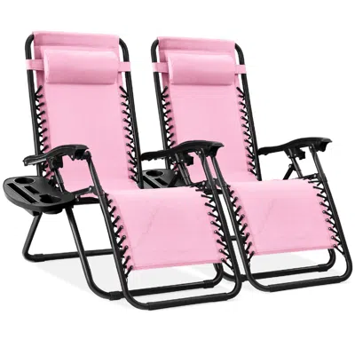 Best Choice Products Set Of 2 Zero Gravity Lounge Chair Recliners For Patio, Pool W/ Cup Holder Tray In Pink