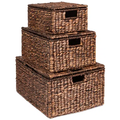 Best Choice Products Set Of 3 Large Multipurpose Hyacinth Storage Baskets W/ Insert Handles, Lid - 21", 20", 18" In Metallic