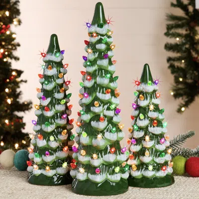Best Choice Products Set Of 3 Pre-lit Hand-painted Ceramic Tabletop Christmas Trees In Green