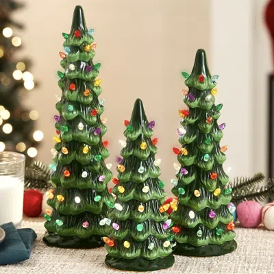Best Choice Products Set Of 3 Xl Pre-lit Hand-painted Ceramic Tabletop Christmas Trees W/multi Lights Green