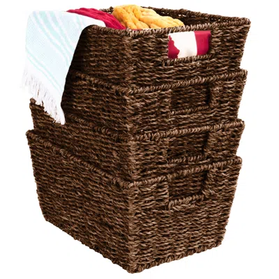 Best Choice Products Set Of 4 Multipurpose Stackable Seagrass Storage Laundry Organizer Baskets W/ Handles In Brown