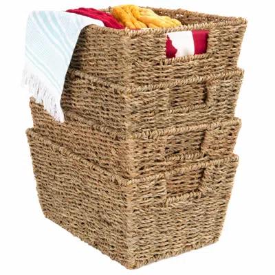 Best Choice Products Set Of 4 Multipurpose Stackable Seagrass Storage Laundry Organizer Baskets W/ Handles In Brown