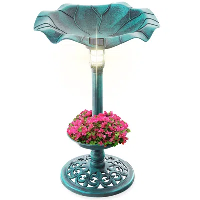 Best Choice Products Solar Lighted Pedestal Bird Bath W/ Planter, Integrated Panel In Gray
