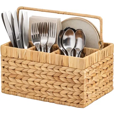 Best Choice Products Utensil Caddy W/handle - 4 Compartments, Woven Wicker Utensil Silverware Flatware Organizer - Natura In Brown