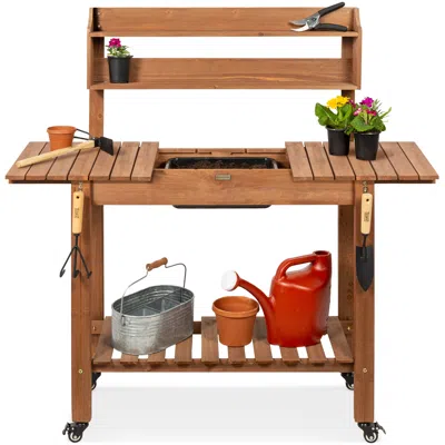 Best Choice Products Wood Garden Potting Bench Workstation Table W/ Sliding Tabletop, 4 Locking Wheels, Dry Sink In Brown